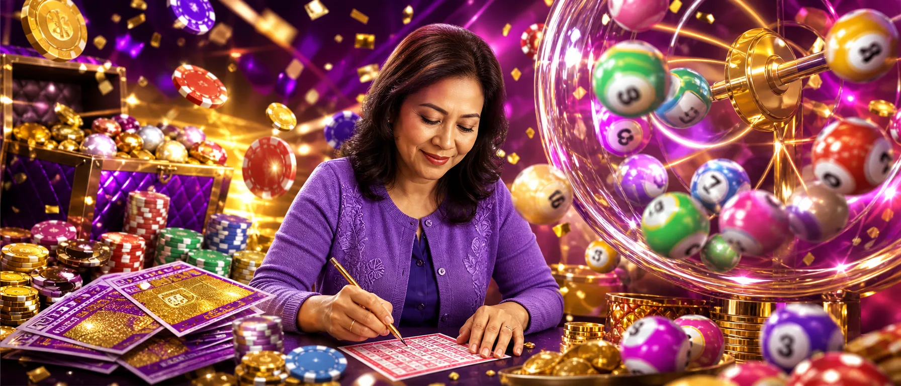 Slot games, lined up and ready to play. Skip the browsing. 100cuci brings Malaysia's slot players straight… – lottery bingo violet illustration