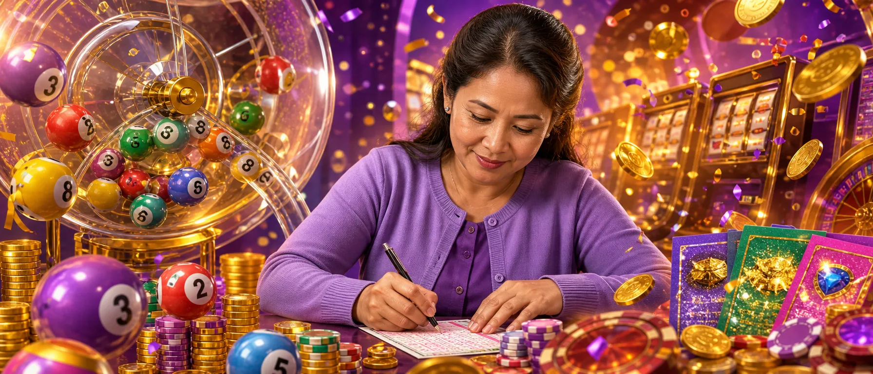 Got a Question About Your Slots? We're Here.. From login hiccups to promotion queries, our support team kee… – lottery bingo violet illustration